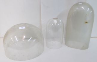 Three clear glass mantel clock domes  various shapes  largest 14.5"h