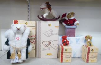 Five Steiff White Label Christmas themed Teddy bears: to include 'Santa'  7"h