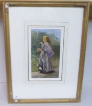Frederick Smallfield - a young woman, in a meadow, picking berries  watercolour  bears a signature &