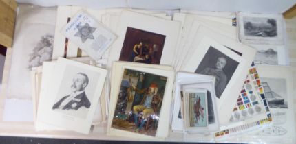 A folio of coloured prints and engravings, covering a variety of genres: to include a 19thC study of