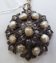 A bi-coloured metal pendant, set with pearls and mossanite stones, on a white metal chain