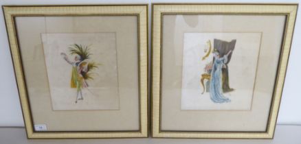 Two Edwardian figure studies  mixed media on silk  bears initials & dated 1903  8" x 10"  framed