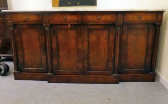 A Regency style mahogany breakfront sideboard with applied pilasters and a mottled grey/white marble