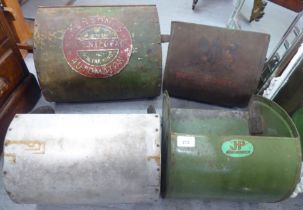 Four vintage cast metal lawn mower grass boxes: to include one for JP Minimower; another for