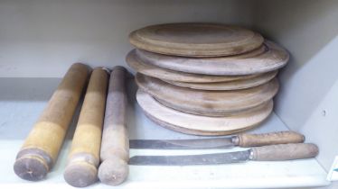 Vintage wooden kitchenware: to include platters  approx. 12"dia; and rolling pins