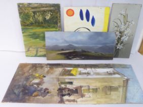 Five amateur varying subjects, signed/unsigned oil on boards  largest 12" x 30"