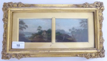 19thC British School - two landscapes  oil on board  in one mount  3" x 8"  framed