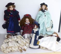 Modern, mainly porcelain head dolls, wearing a variety of costumes with an example by Alberon Dolls