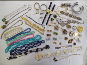 Costume jewellery: to include beads, brooches and earrings; and a lady's Sekonda wristwatch, in