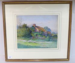 Sylvester Stannard - a farmhouse with geese in the foreground  watercolour  bears a signature  10" x