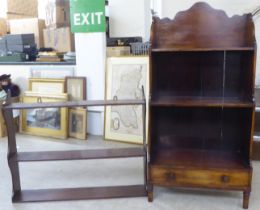 Small early 20thC furniture, viz. a mahogany open front, three tier, waterfall front bookcase with a