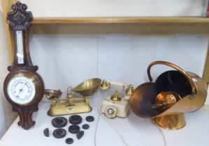A mixed lot: to include a copper coal scuttle  13.5"h; and an Edwardian wall barometer  29.5"h