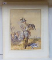 Late 19thC Continental School - a Falconer with his assistant in a country side setting  watercolour