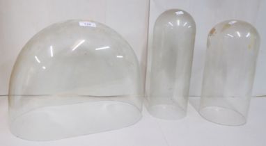 Three clear glass mantel clock domes  various shapes  largest 12.5"h