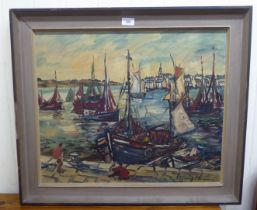 George Hann - a harbour scene  oil on board  bears a signature  19" x 23"  framed