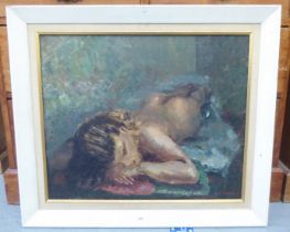 Suzanne C Harris - a nude study  oil on canvas  bears a signature  19" x 23"  framed