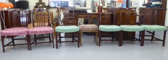 19thC style mahogany framed and upholstered dining chairs, viz. a set of four with pierced and