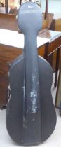 A black fabric finished hard cello case with fittings