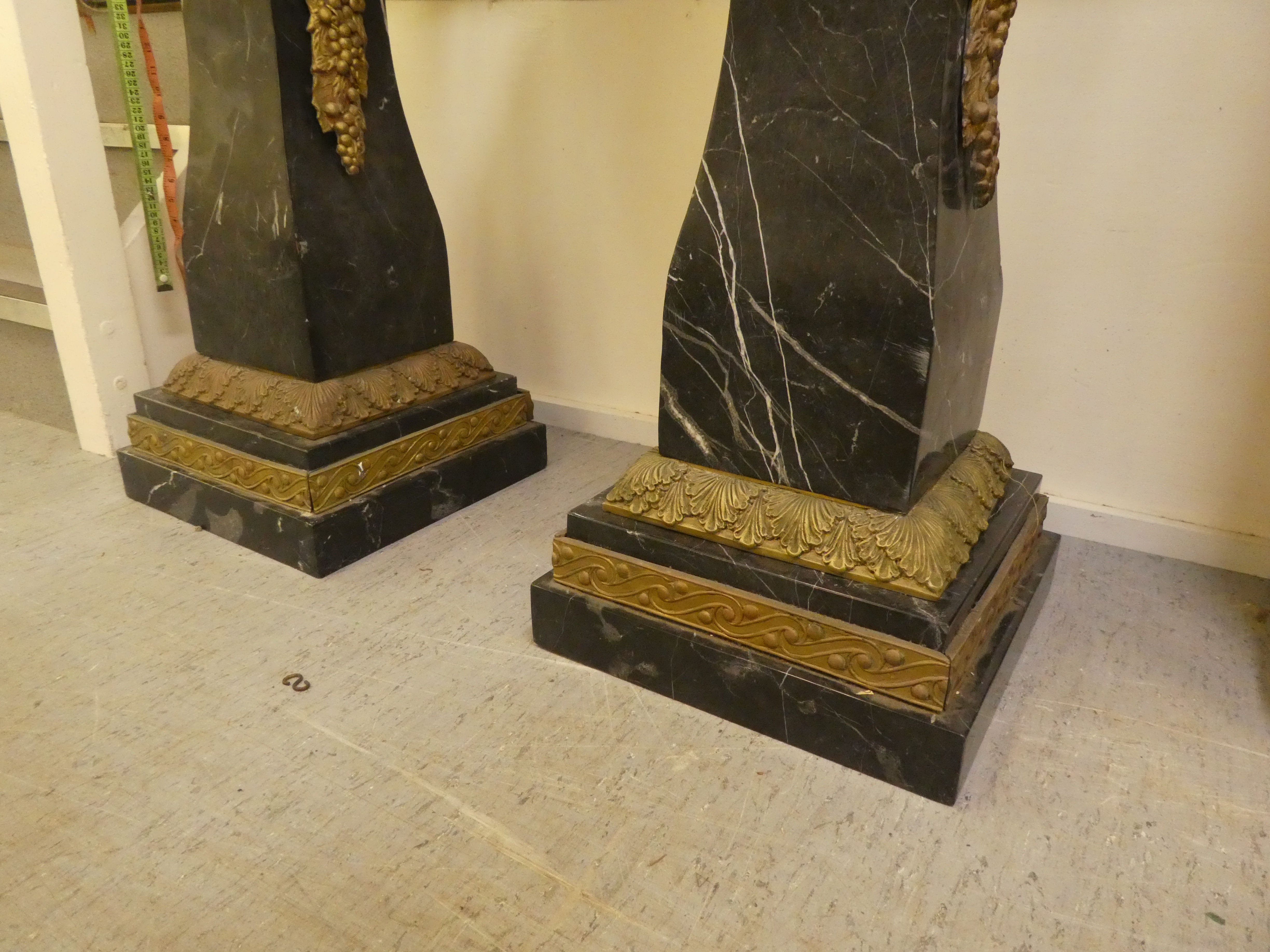 A pair of 19thC Continentally inspired, modular, marble pedestals of square, tapered form with - Image 7 of 10