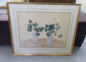 David Hill - a still life study, flowers in two vases on a table  watercolour  bears a signature &