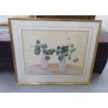 David Hill - a still life study, flowers in two vases on a table  watercolour  bears a signature &