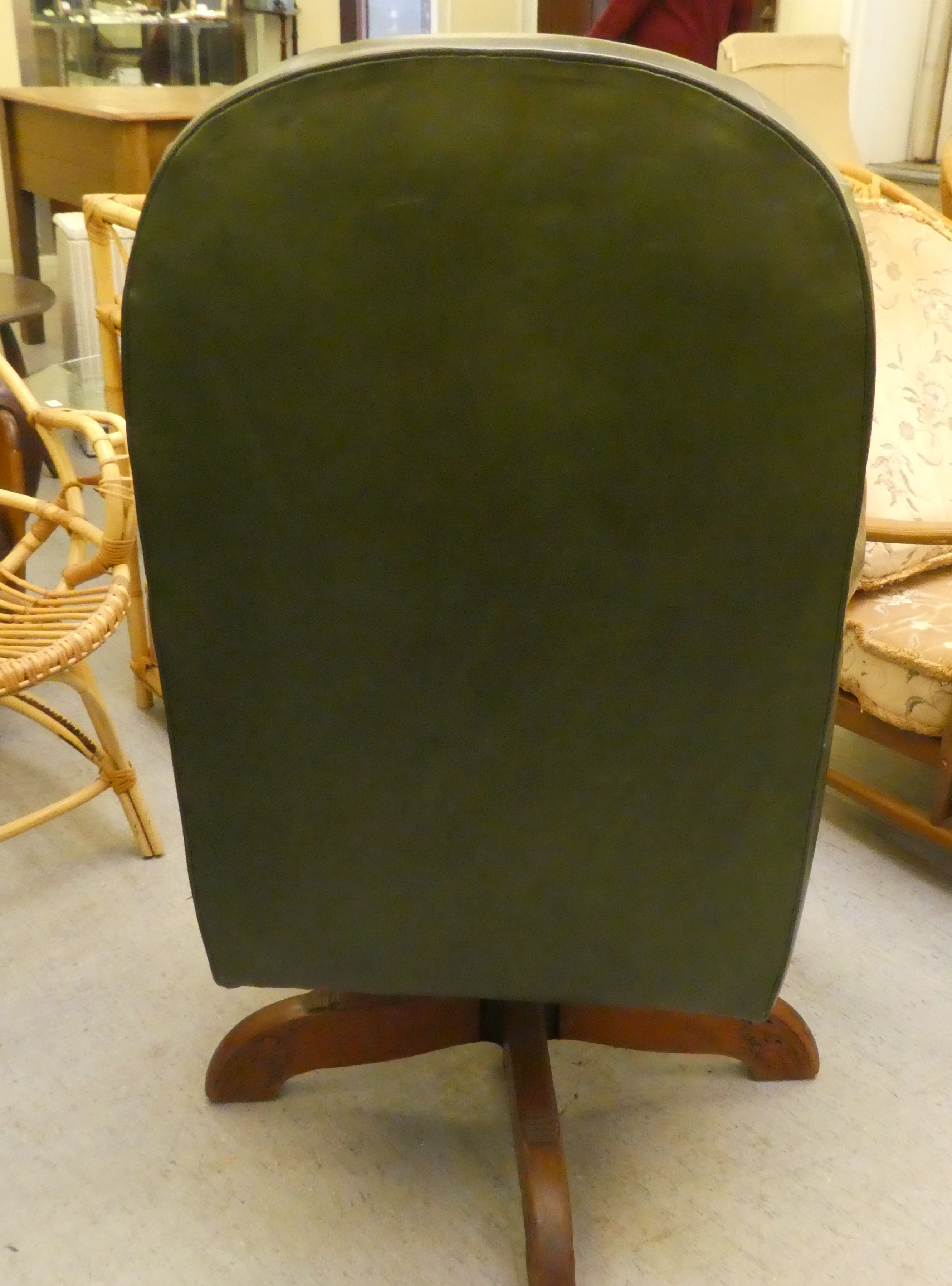 A mid 20thC faux green hide upholstered swivel office chair, raised on a splayed pedestal base - Image 5 of 5