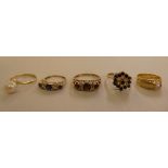 Five 9ct gold rings, variously set with coloured stones