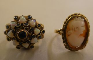 An 18ct gold dress ring, set with opals and other stones; and an 18ct gold, oval cameo portrait ring