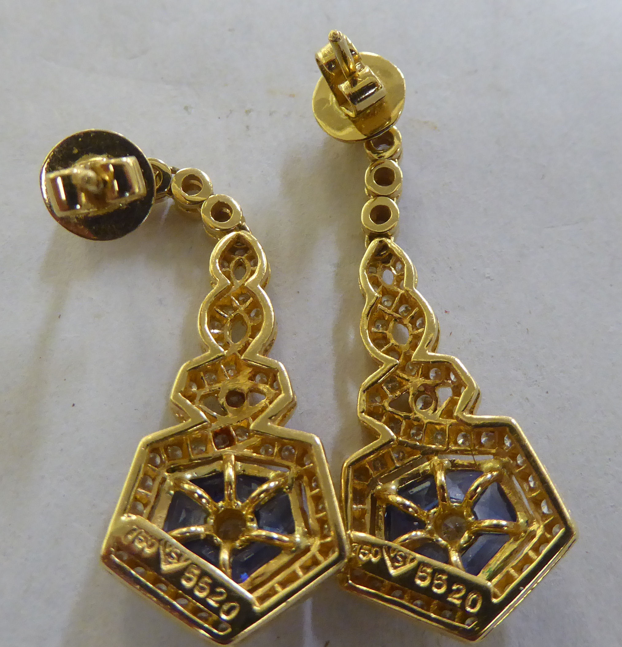 A pair of 18ct gold diamond and sapphire pendant earrings - Image 2 of 2