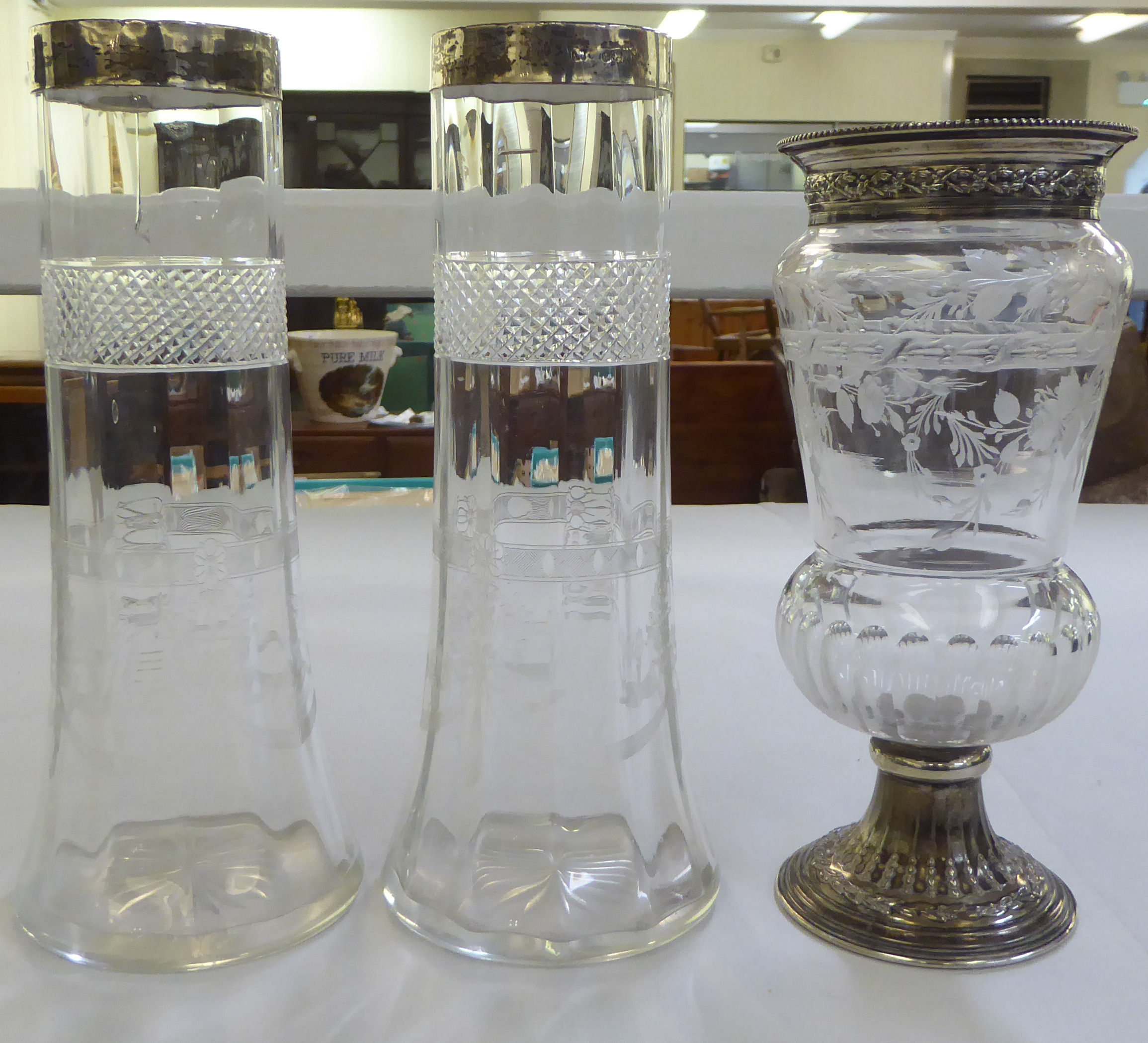 Glassware: to include a French vase with engraved floral decoration and silver mounts  7.5"h