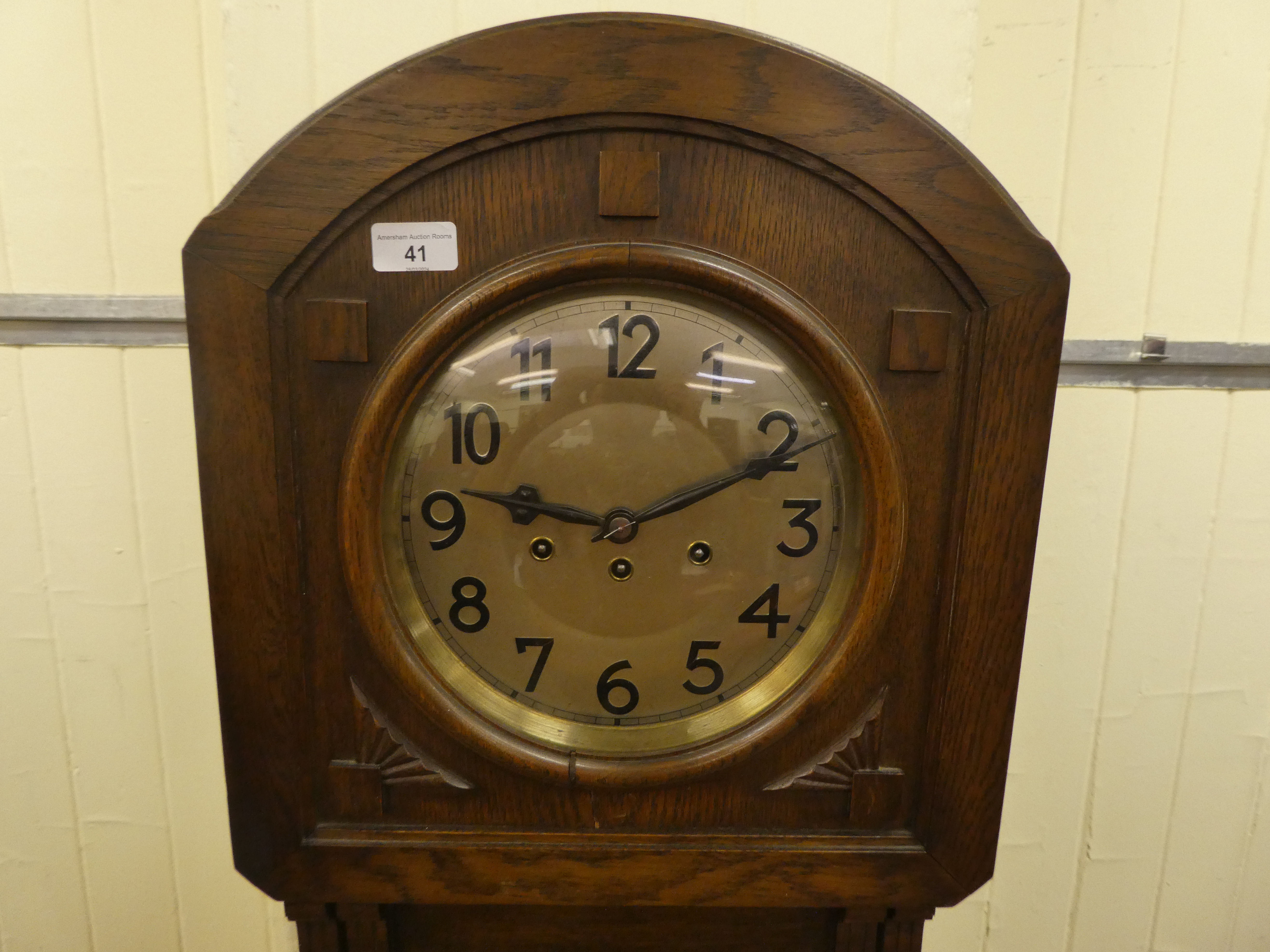 A mid 20thC oak longcase clock with a pointed arch top, over a convex circular window and a bevelled - Image 2 of 4
