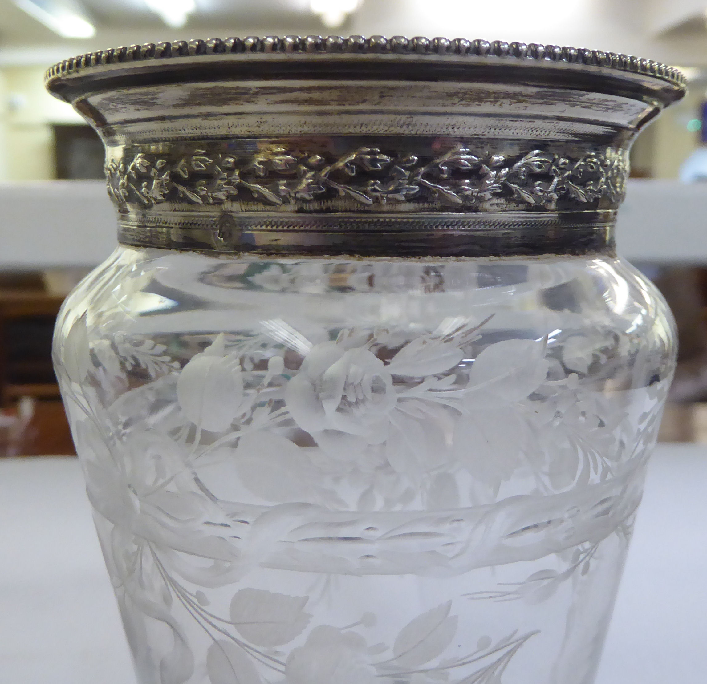 Glassware: to include a French vase with engraved floral decoration and silver mounts  7.5"h - Image 6 of 6
