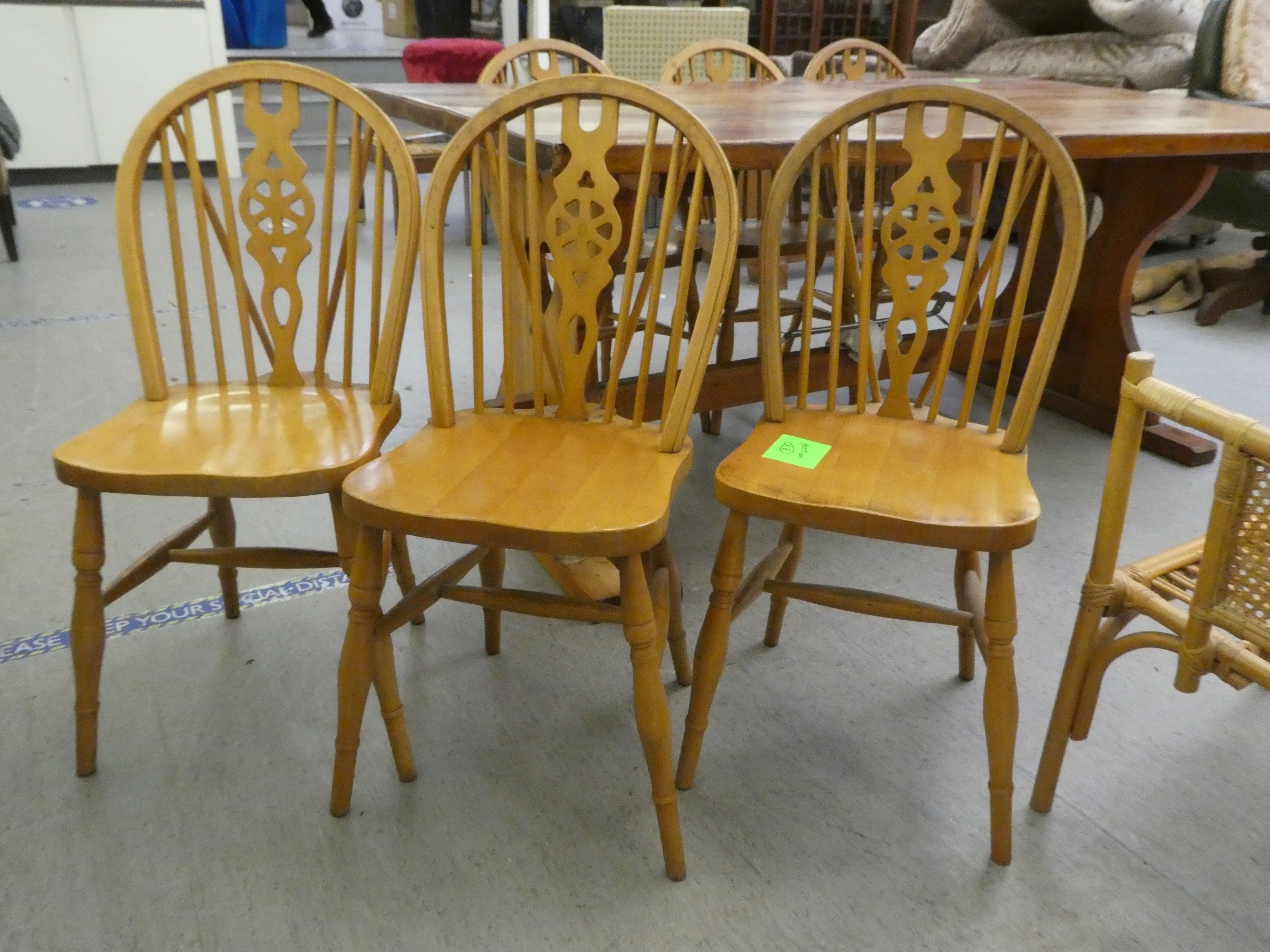 A modern pine refectory design kitchen table, raised on plank ends  30"h  64"L; and a matching set - Image 6 of 6