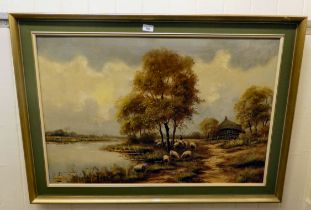 V Reed - sheep at the waters edge  oil on canvas  bears a signature  23" x 35"  framed