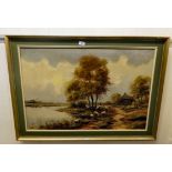 V Reed - sheep at the waters edge  oil on canvas  bears a signature  23" x 35"  framed