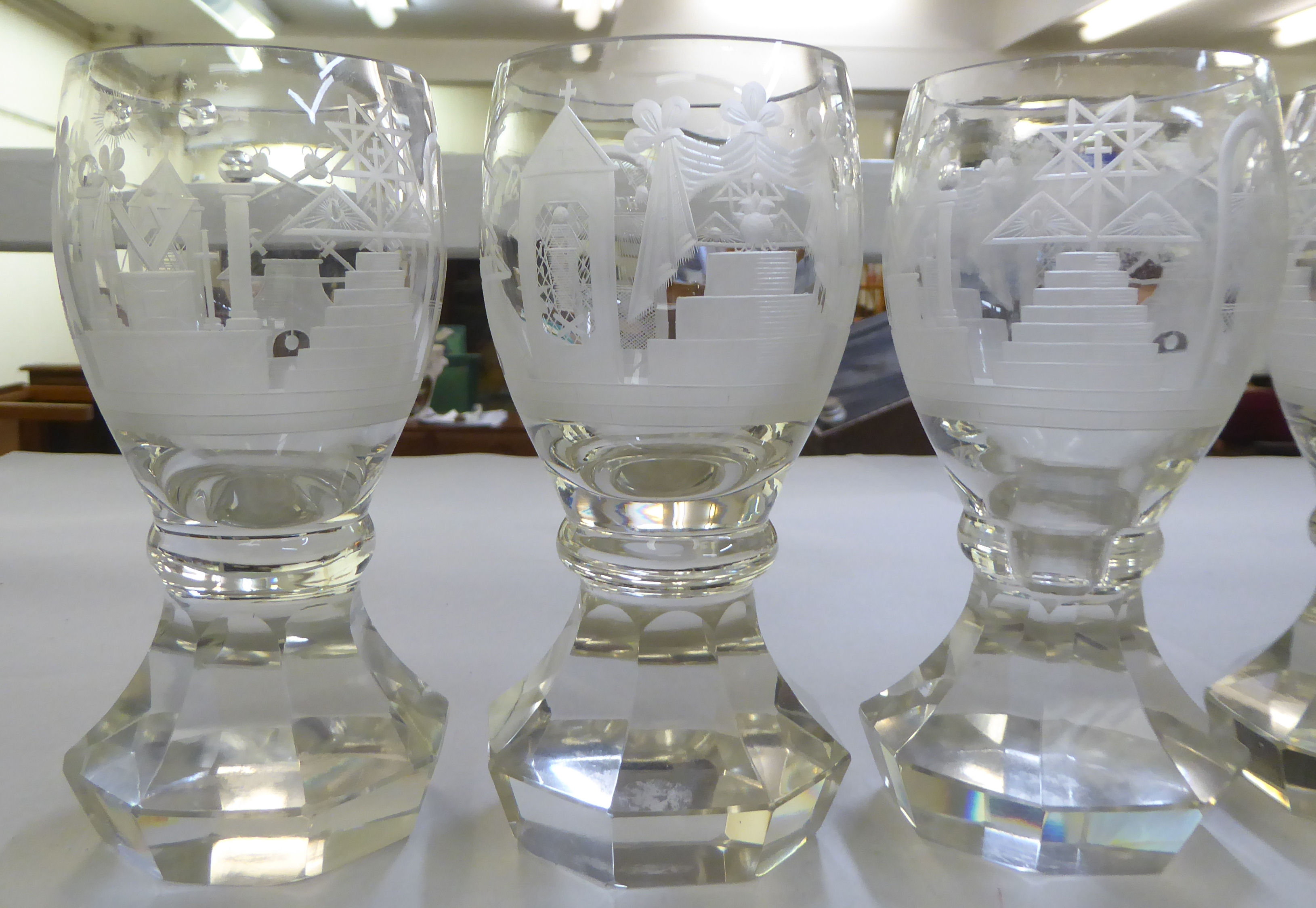 A set of six clear glass tumblers engraved with Masonic motifs and emblems  6"h - Image 2 of 3