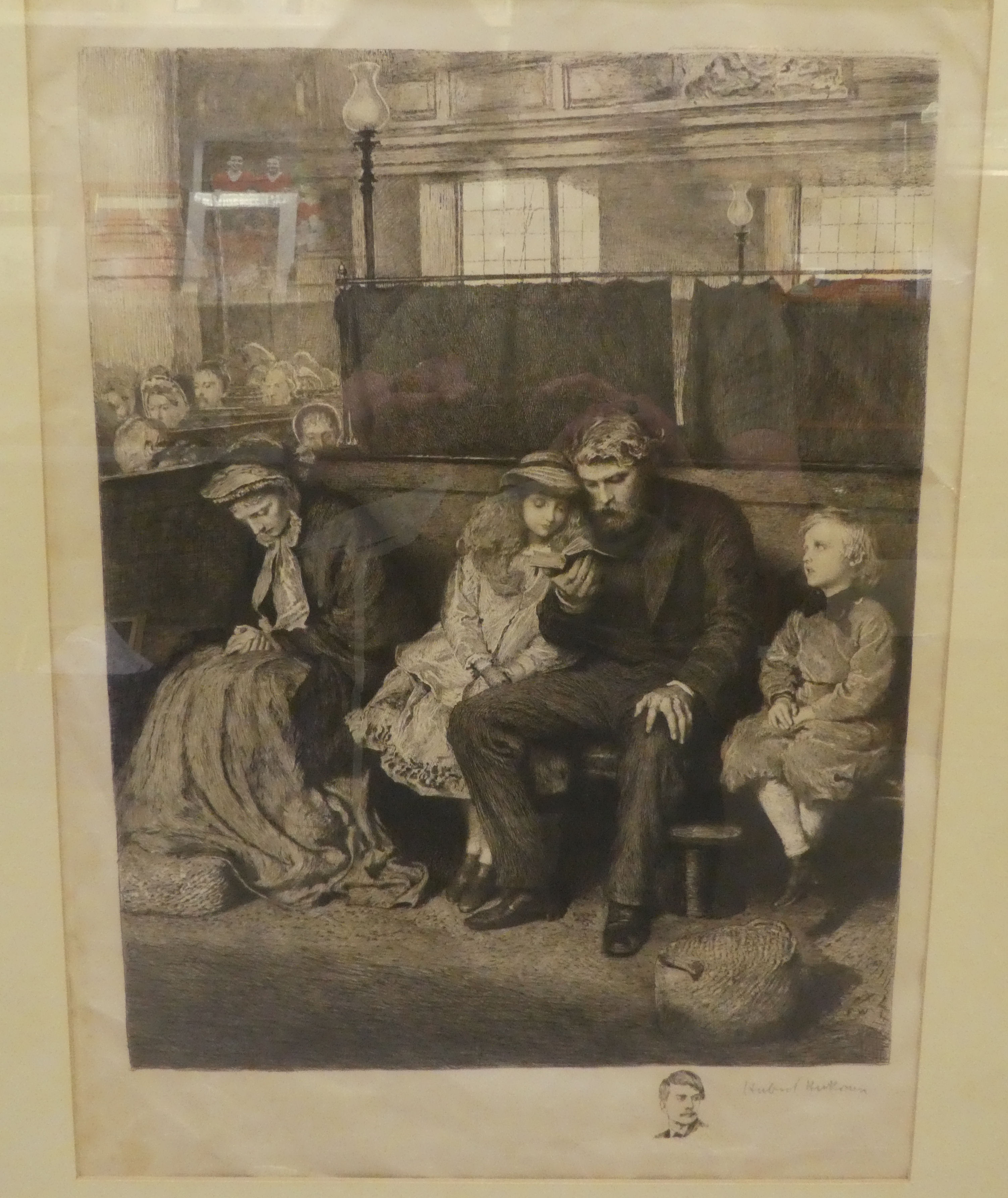 After Hubert Herkomer - a family gathering in a chapel  etching  bears a pencil signature  18" x 14" - Image 2 of 4