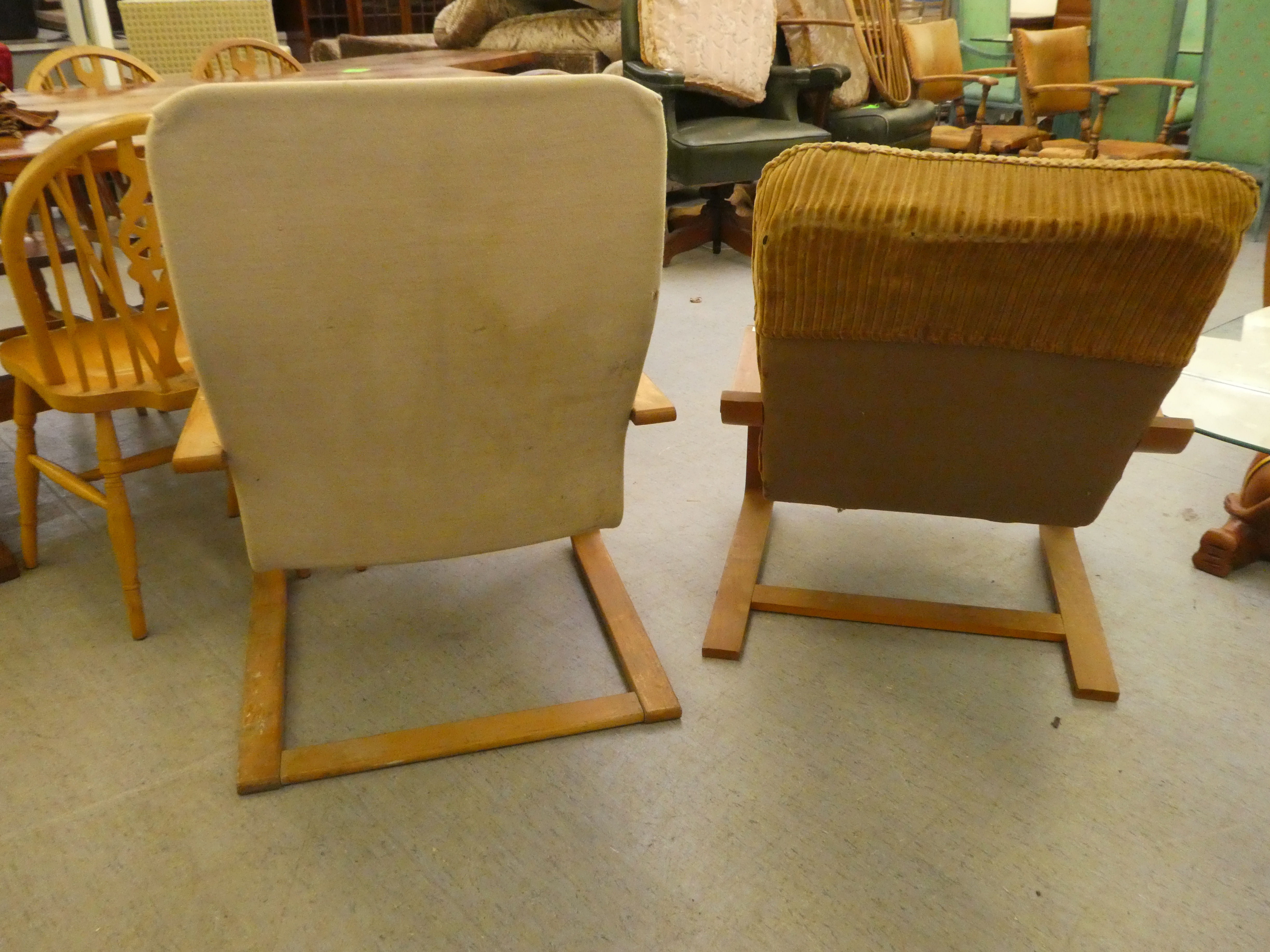 Two similar mid 20thC beech framed chairs with open arms, on cantilevered underframes - Image 4 of 4