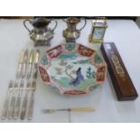 A mixed lot: to include a brass inlaid rosewood, fabric lined box  13"L