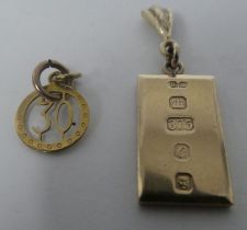 A 9ct gold '30' pendant; and a 9ct gold miniature ingot pendant