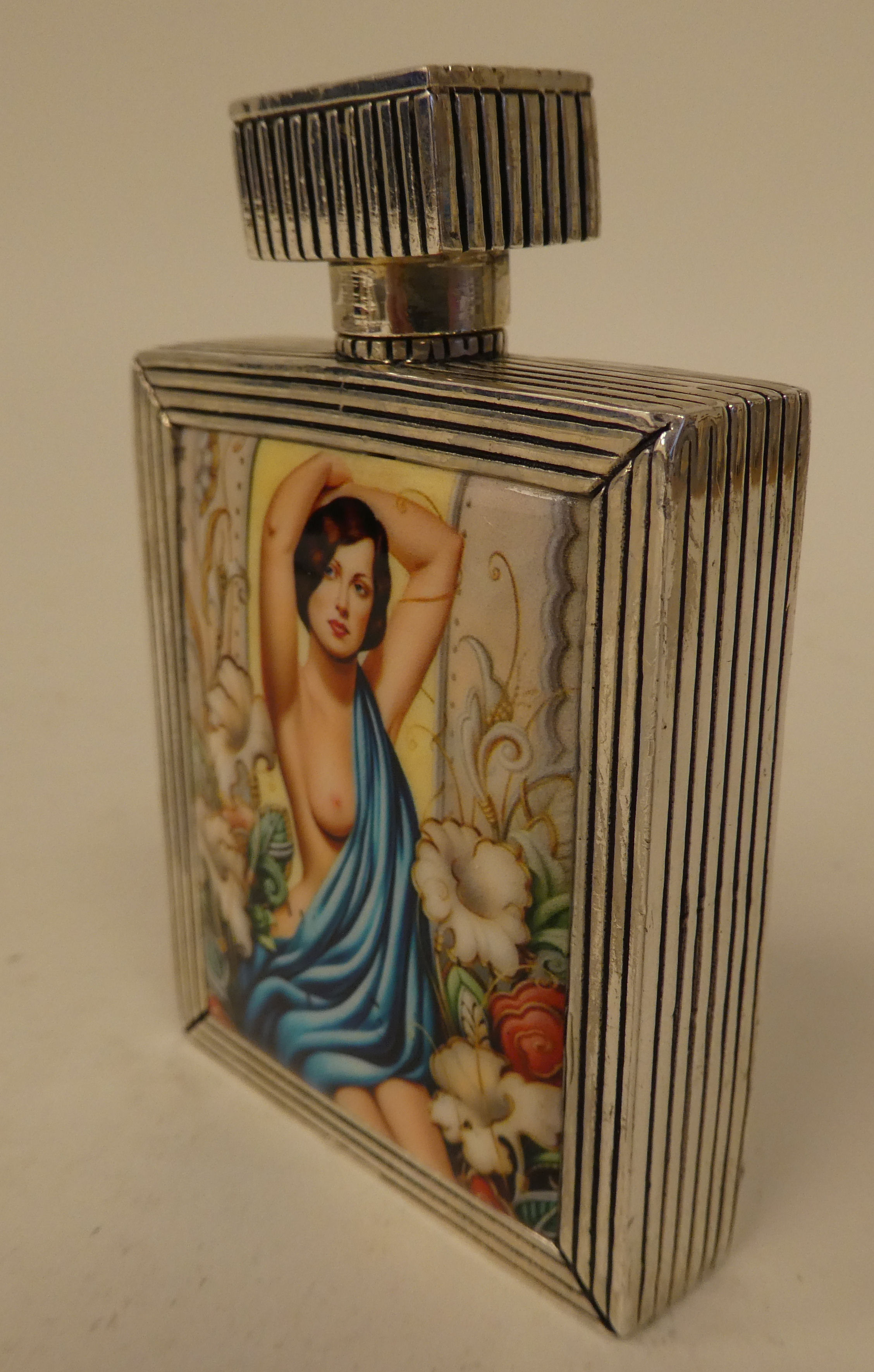 An Art Deco inspired white metal perfume bottle, decorated with an enamelled study of a posing nude - Image 4 of 4