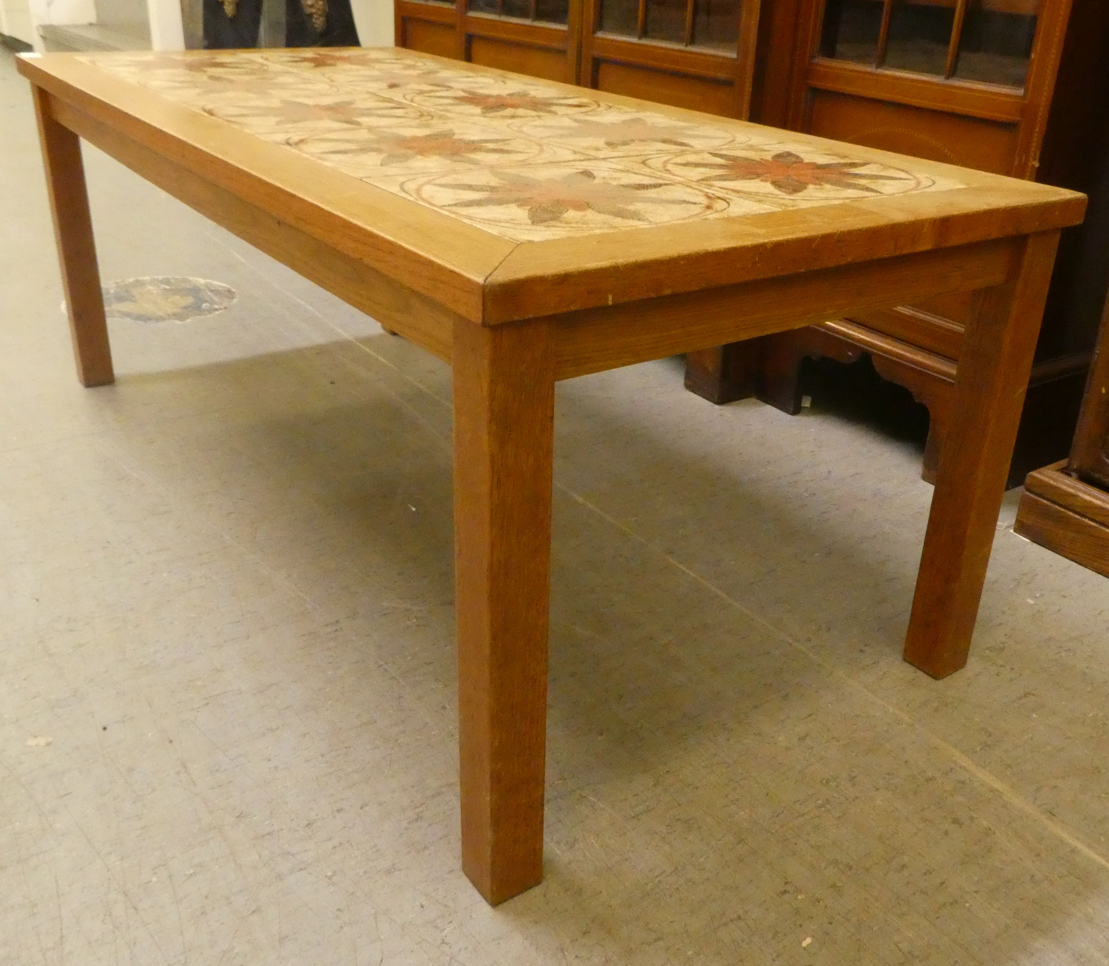 A 1970s teak framed ten tile top coffee table, raised on square legs  17"h  46"w - Image 3 of 4