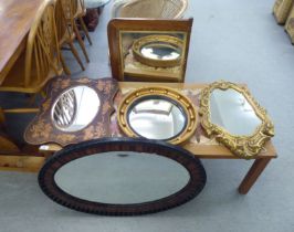Five dissimilar 20thC mirrors: to include a reproduction of a Regency convex example  16"dia