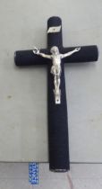A black micro-bead covered crucifix with a white metal Corpus Christi  31"h overall