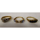 Three variously designed, 9ct gold rings: to include one set with aquamarine coloured stones