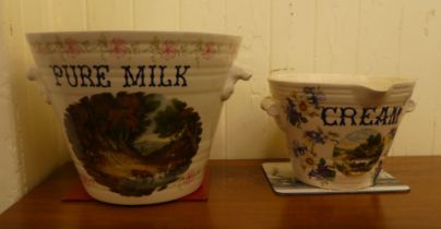 An Ironstone china twin handled milk pail of tapered form; and a matching cream crock