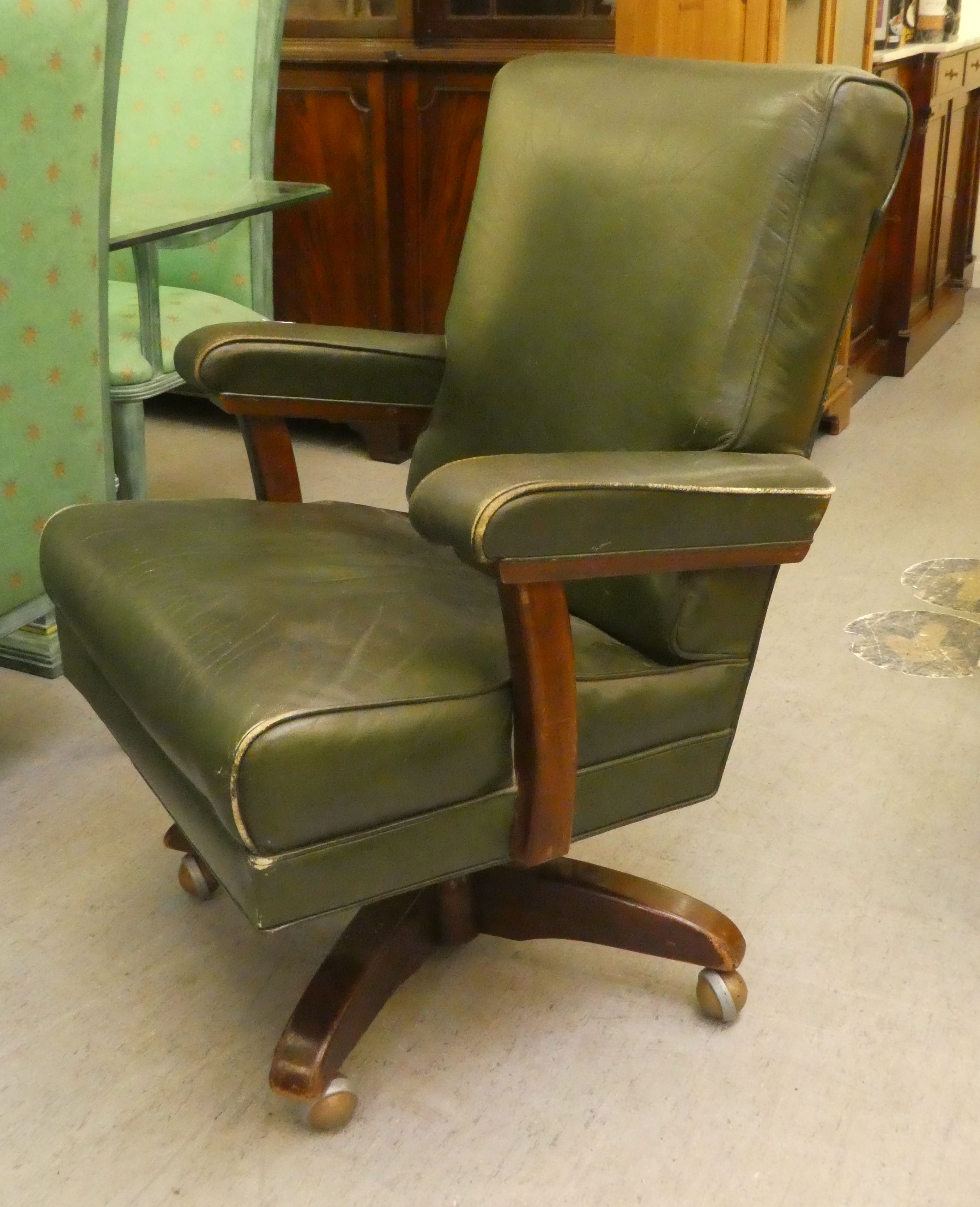 A mid 20thC faux green hide upholstered swivel office chair, raised on a splayed pedestal base - Image 4 of 5