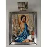 An Art Deco inspired white metal perfume bottle, decorated with an enamelled study of a posing nude