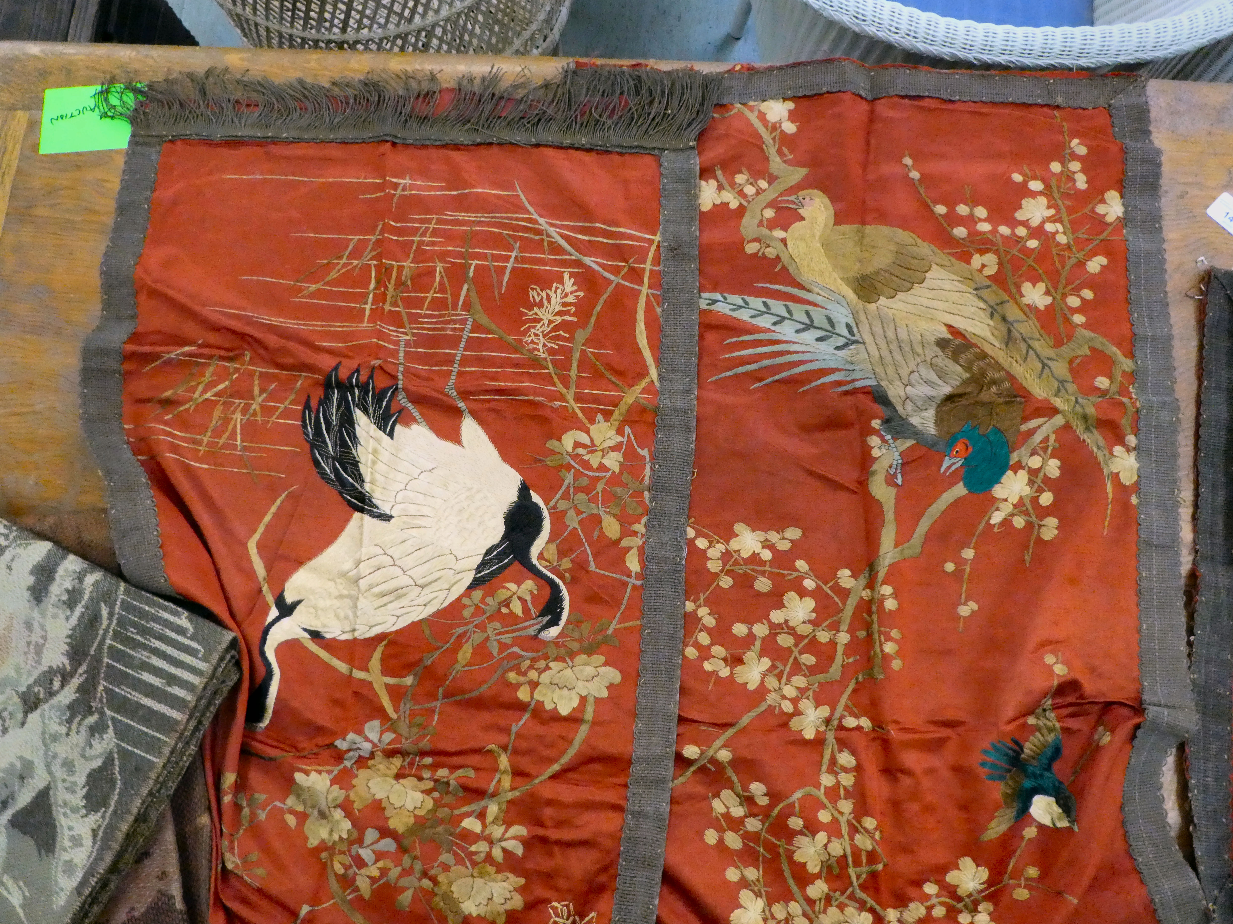 Textiles: to include a set of three early 20thC Chinese embroidered panels, depicting birds  45" x - Image 4 of 7
