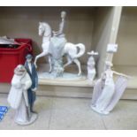 Four Lladro porcelain figures: to include a lady in an elegant gown  14"h